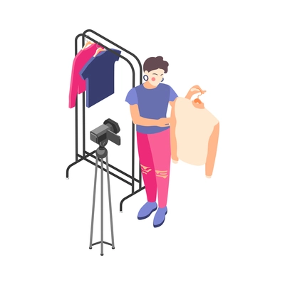 Isometric woman fashion blogger showing clothes while taking video on camera 3d vector illustration