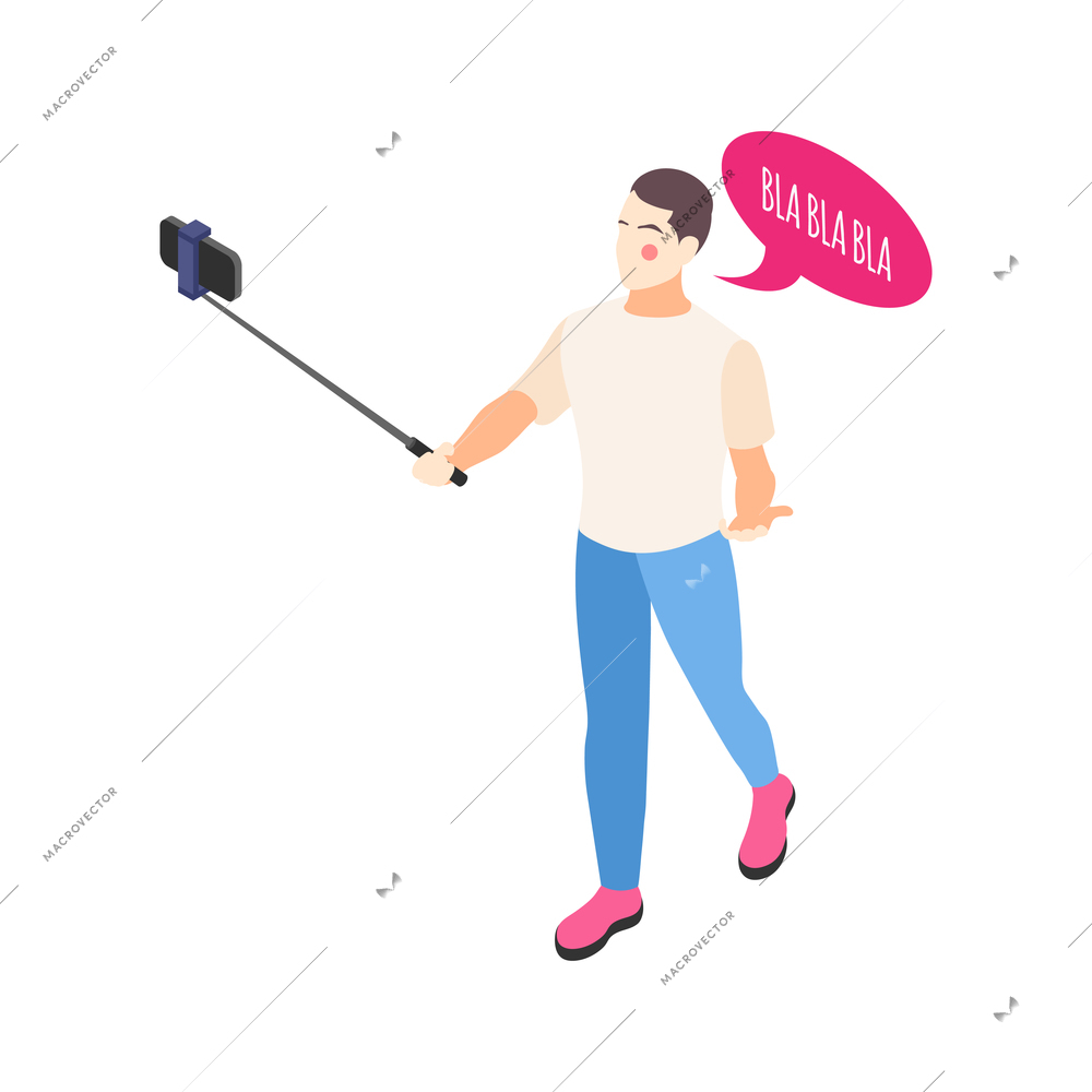 Blogger with smartphone on selfie stick talking on camera isometric icon 3d vector illustration