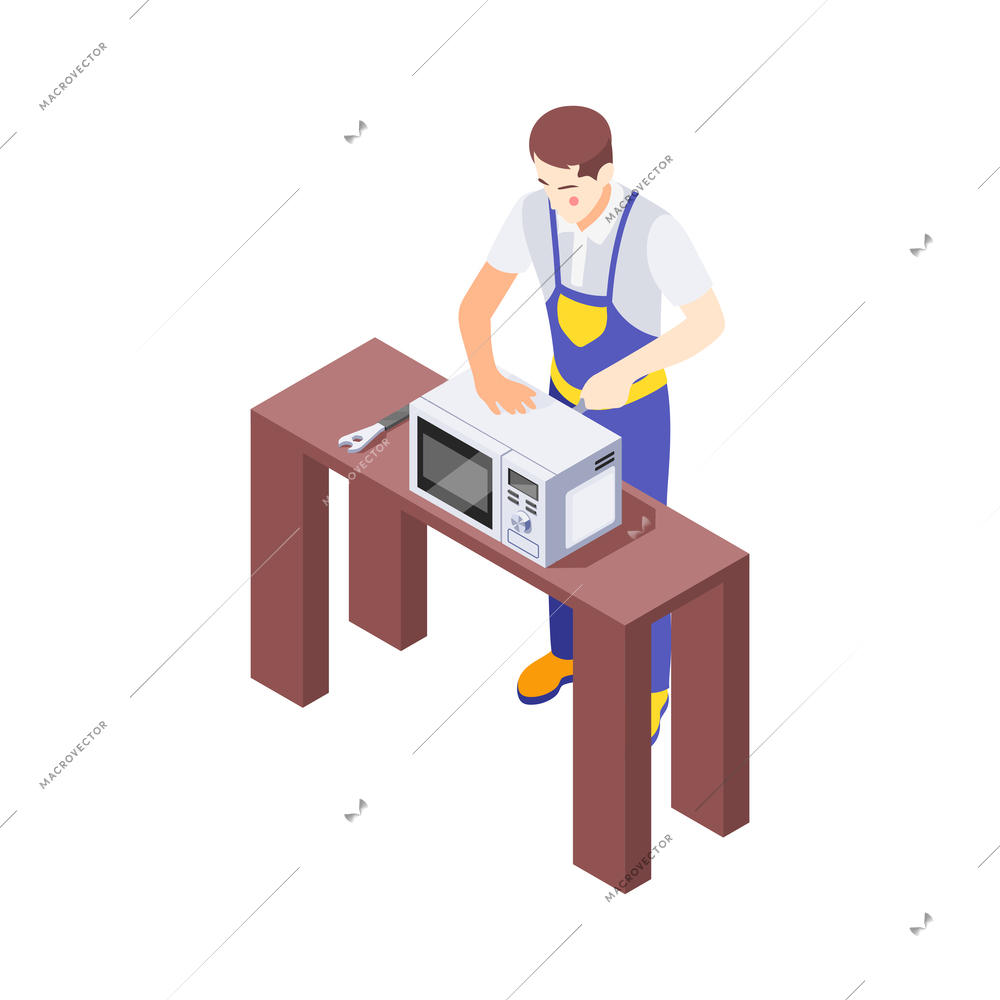 Isometric icon with repairman in uniform fixing microwave oven vector illustration