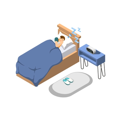 Isometric icon with man sleeping in his bed and bedroom interior 3d vector illustration