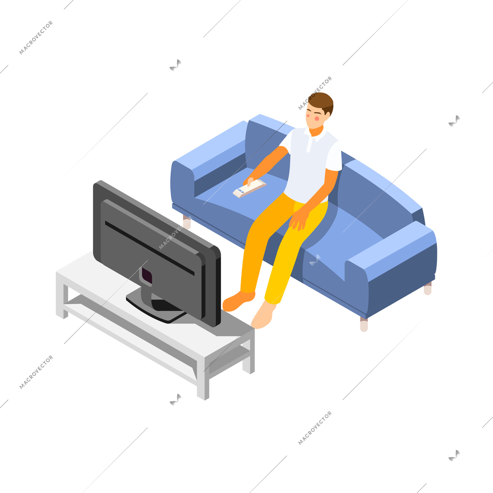 Isometric icon with man watching tv in living room holding remote control vector illustration