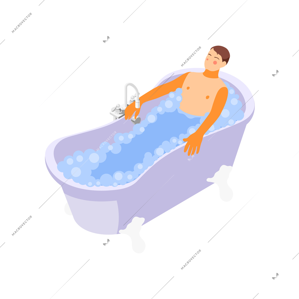 Isometric icon with man taking foam bath 3d vector illustration