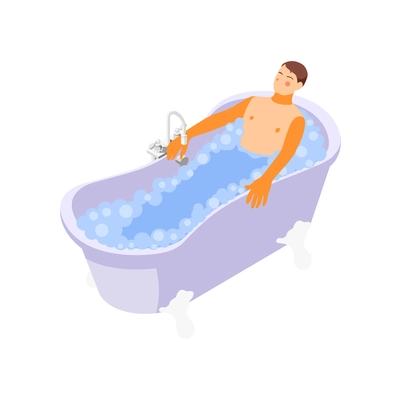 Isometric icon with man taking foam bath 3d vector illustration