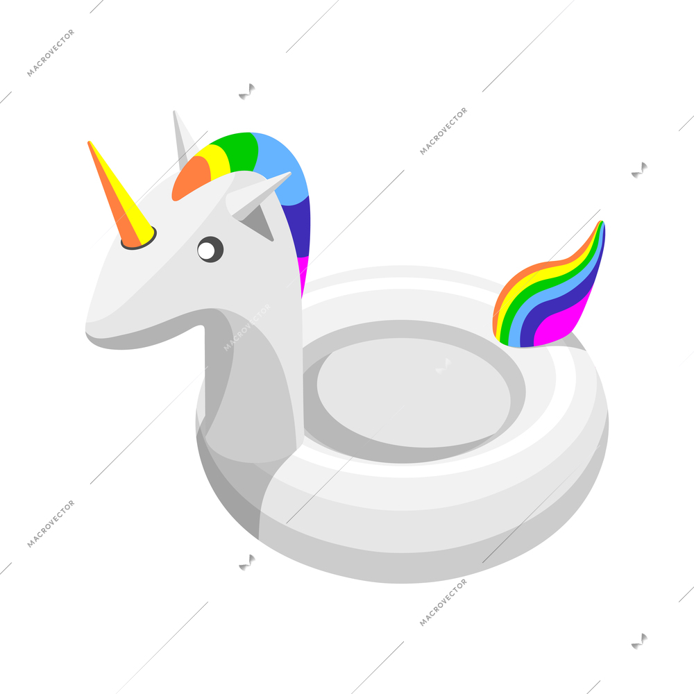 Swimming ring in shape on white unicorn with colorful details isometric icon vector illustration