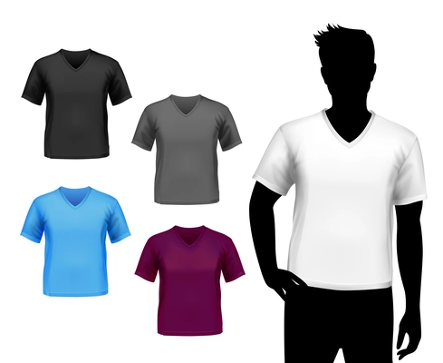 Colored v-neck fashion t-shirts male set with man silhouette isolated vector illustration