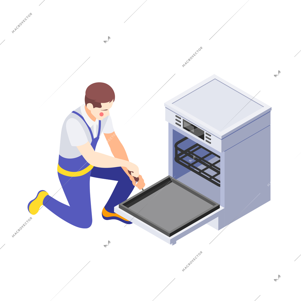 Worker from repair service fixing dishwasher 3d icon on white background isometric vector illustration