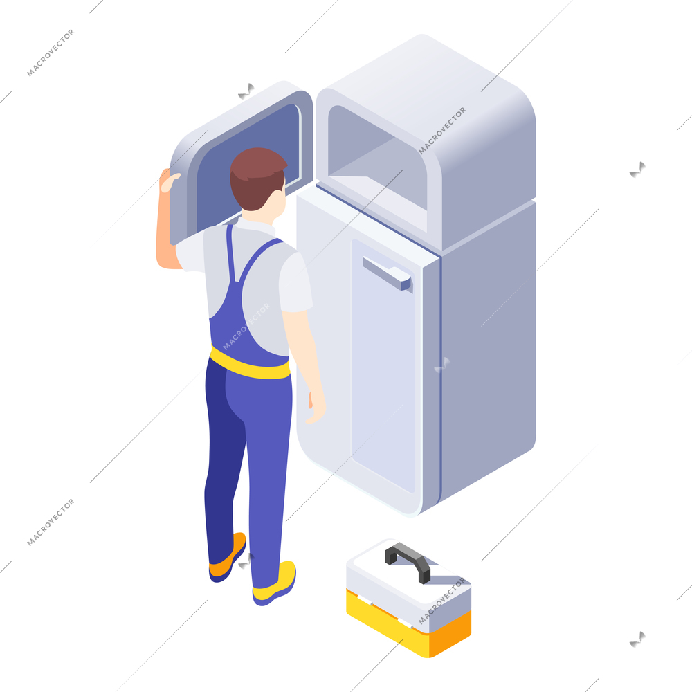 Male repairman looking into freezer of broken fridge isometric vector illustration