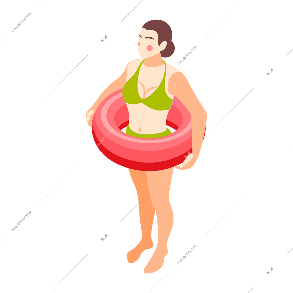 Isometric icon of woman wearing green swimsuit in inflatable swimming ring vector illustration