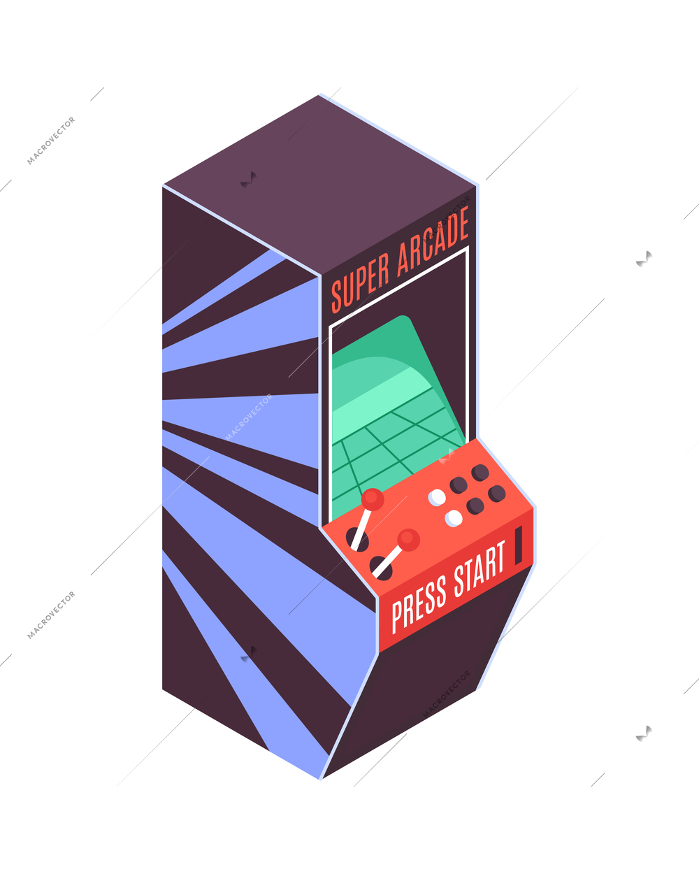 Retro arcade game machine with colorful buttons and controllers 3d isometric vector illustration