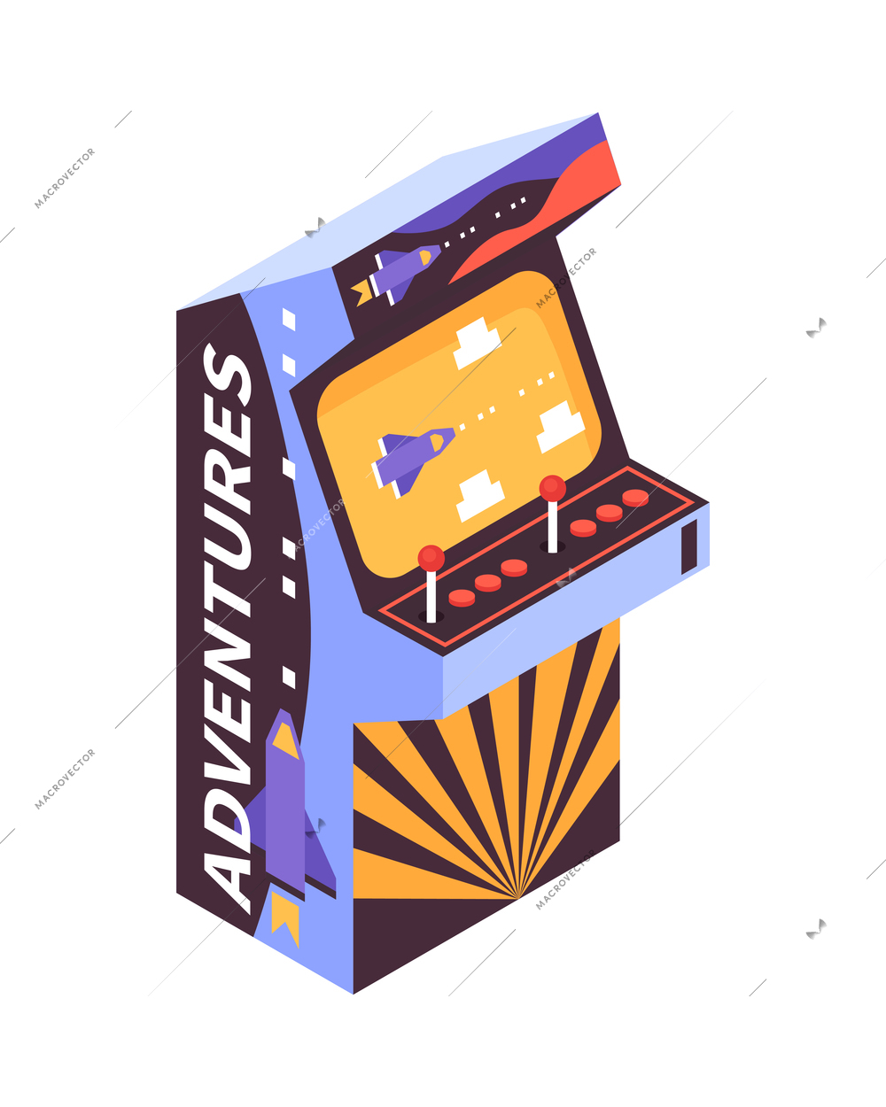 Isometric icon with adventure shooting game on screen of retro arcade machine vector illustration