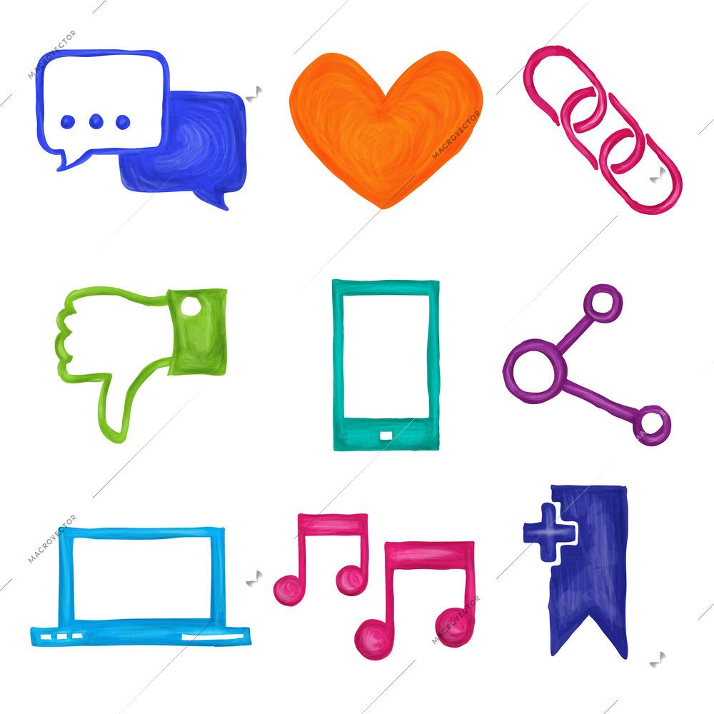 Social media network application icons painted set isolated vector illustration