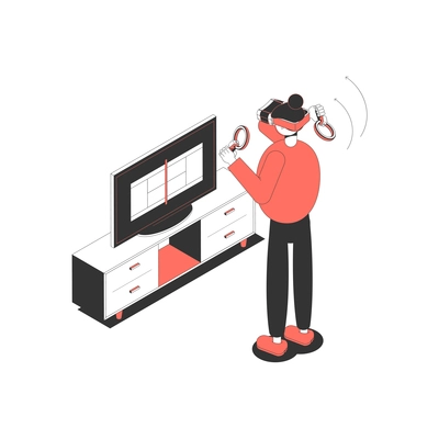 Isometric icon with character wearing virtual reality glasses and holding controls playing game vector illustration