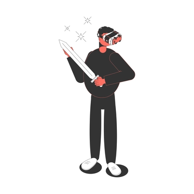 Isometric man in vr glasses playing 3d game with sword vector illustration