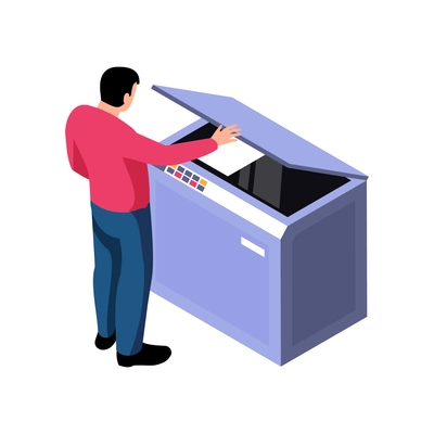 Polygraphy isometric icon with human character and professional printing equipment vector illustration