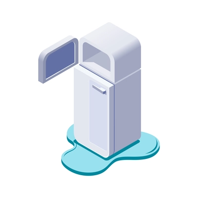 Isometric icon of leaking refrigerator with open freezer vector illustration