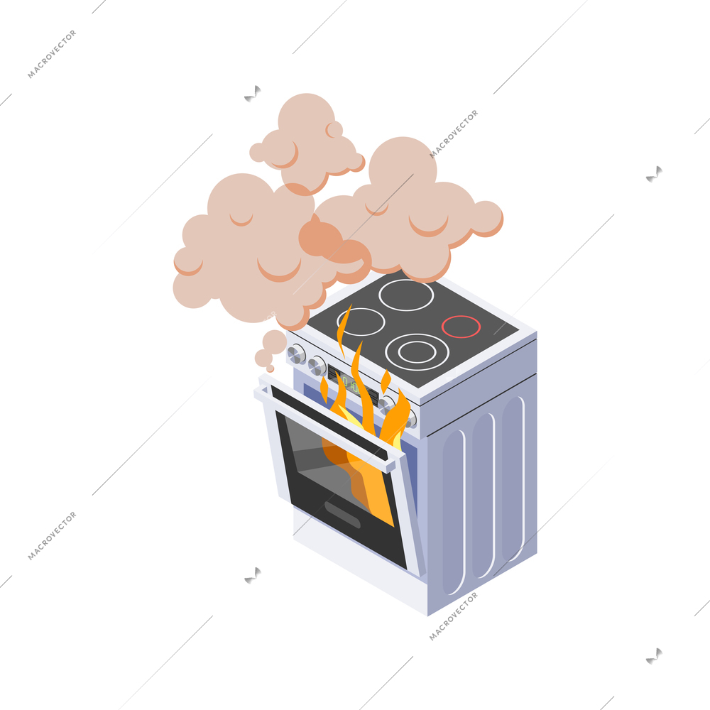 Isometric broken cooker with burning stove 3d vector illustration