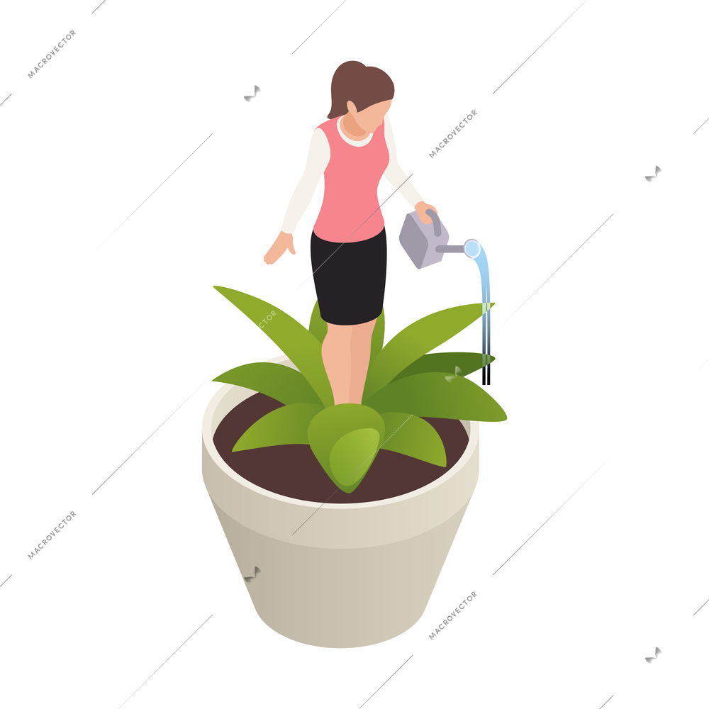 Personal growth isometric concept with woman watering herself in flower pot 3d vector illustration