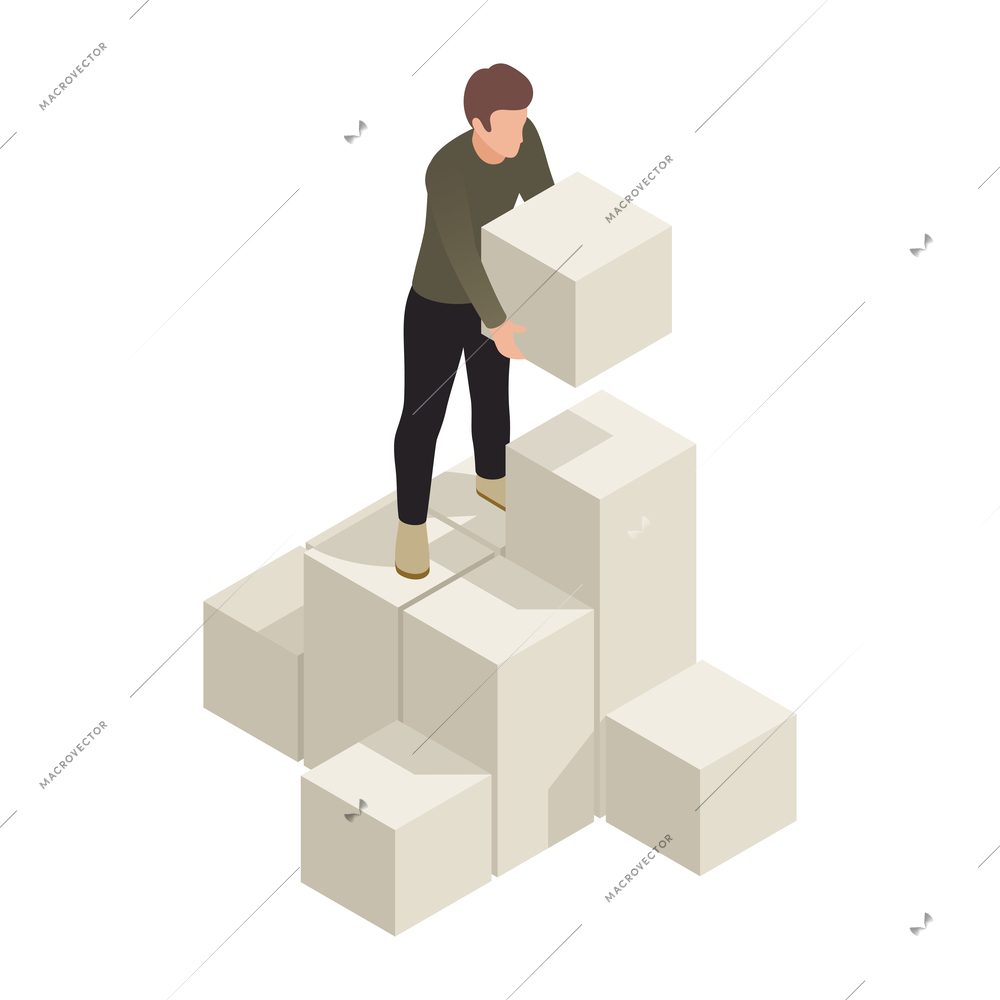 Character constructing with building blocks 3d personal growth isometric icon vector illustration