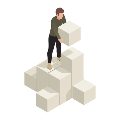 Character constructing with building blocks 3d personal growth isometric icon vector illustration