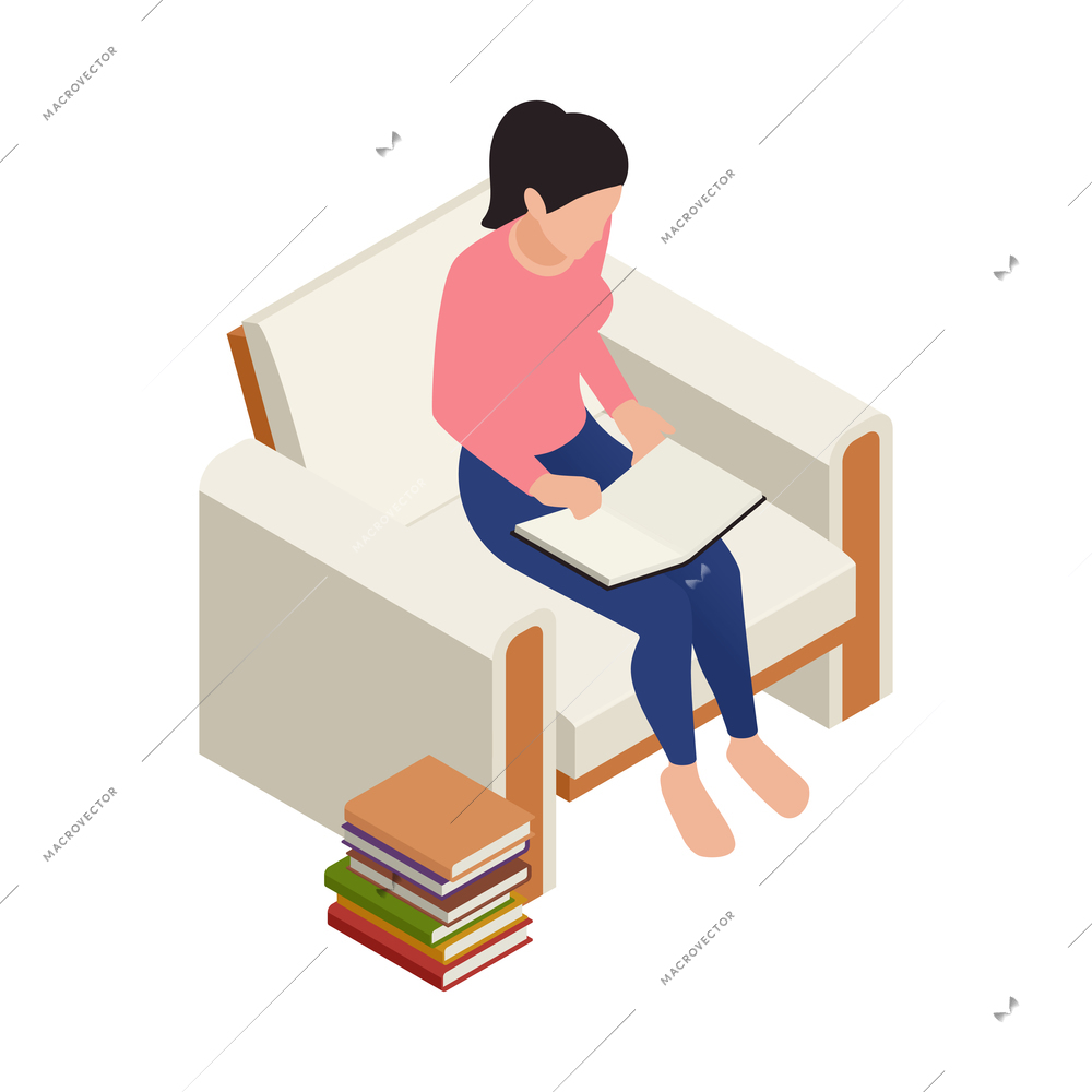 Woman reading book in armchair isometric icon on white background vector illustration