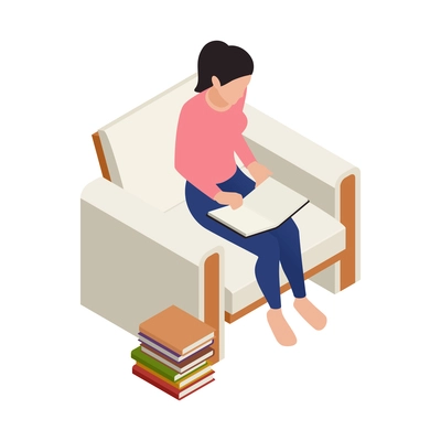 Woman reading book in armchair isometric icon on white background vector illustration