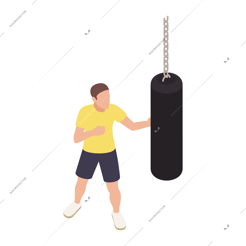 Boxing isometric icon with man training with punching bag 3d vector illustration