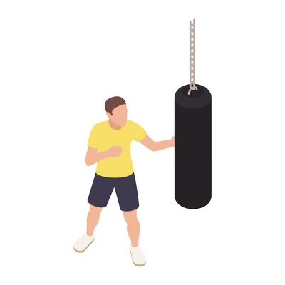 Boxing isometric icon with man training with punching bag 3d vector illustration