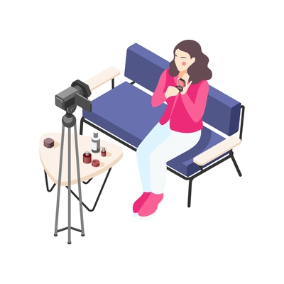 Makeup vlogger using camera to record video about cosmetic products isometric icon vector illustration