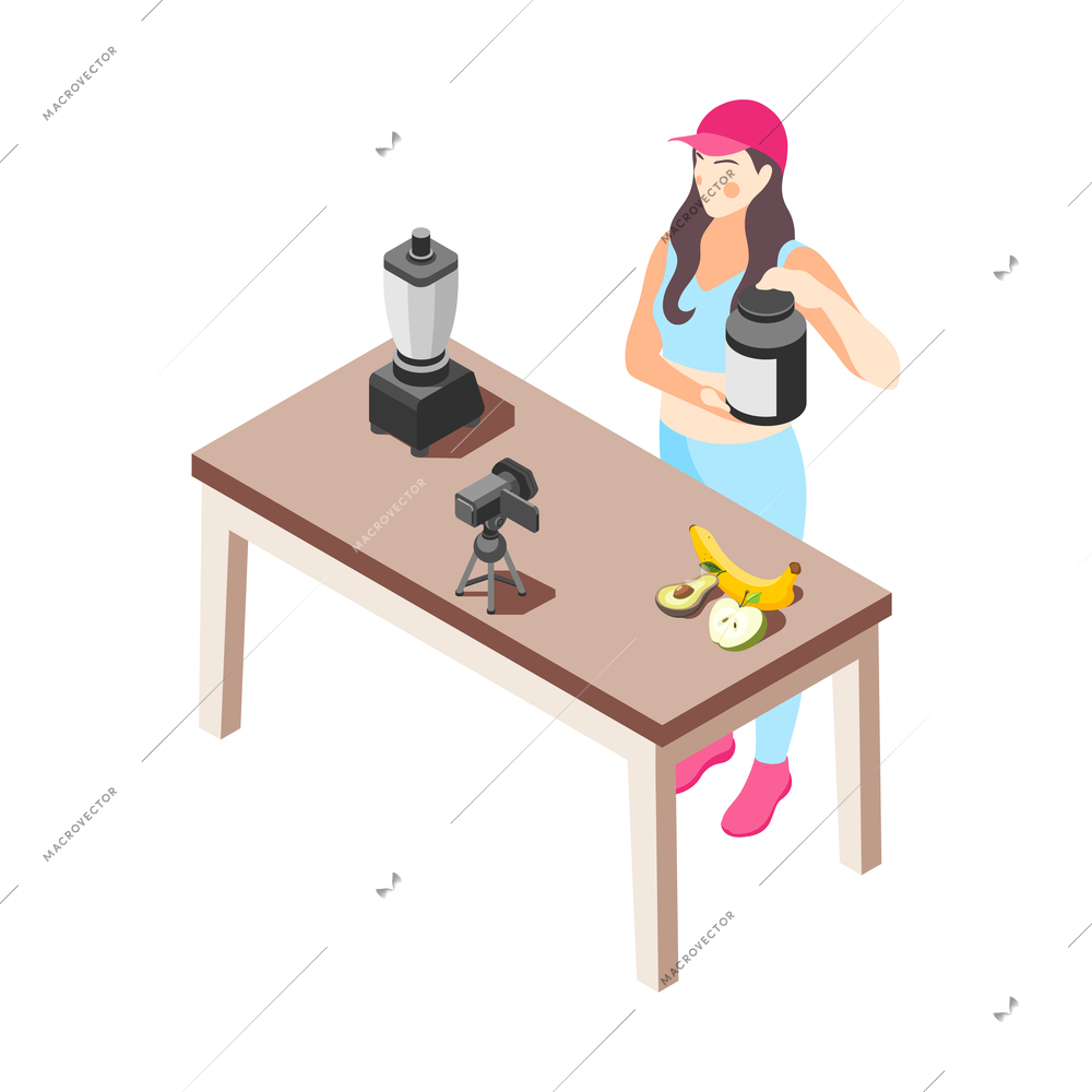 Female food vlogger in sportswear cooking making video about healthy diet isometric vector illustration