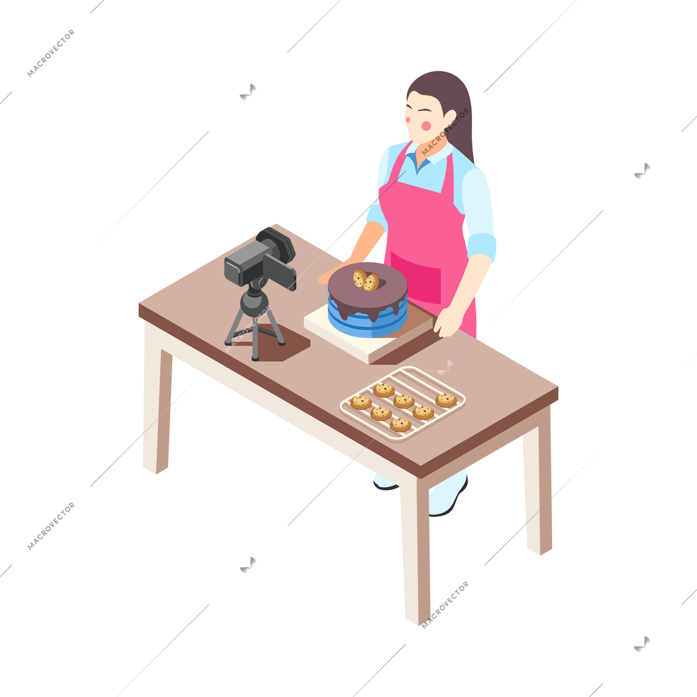 Isometric blogger making cake while recording video in kitchen 3d vector illustration