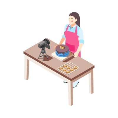 Isometric blogger making cake while recording video in kitchen 3d vector illustration