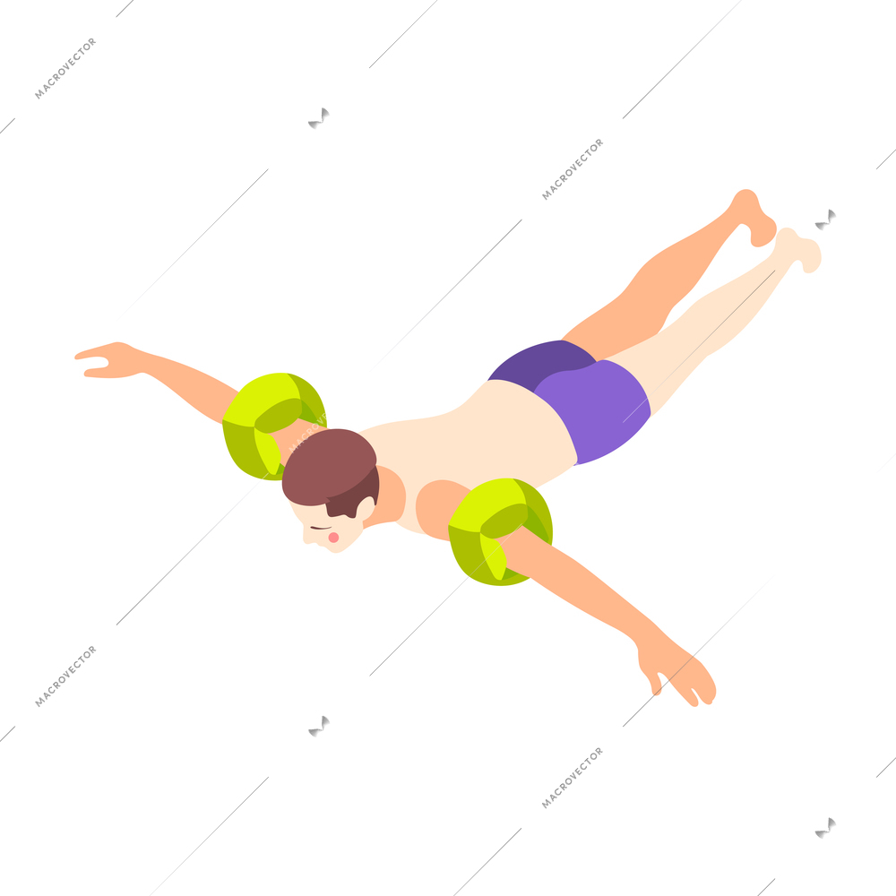Man swimming with green inflatable arm bands isometric icon vector illustration