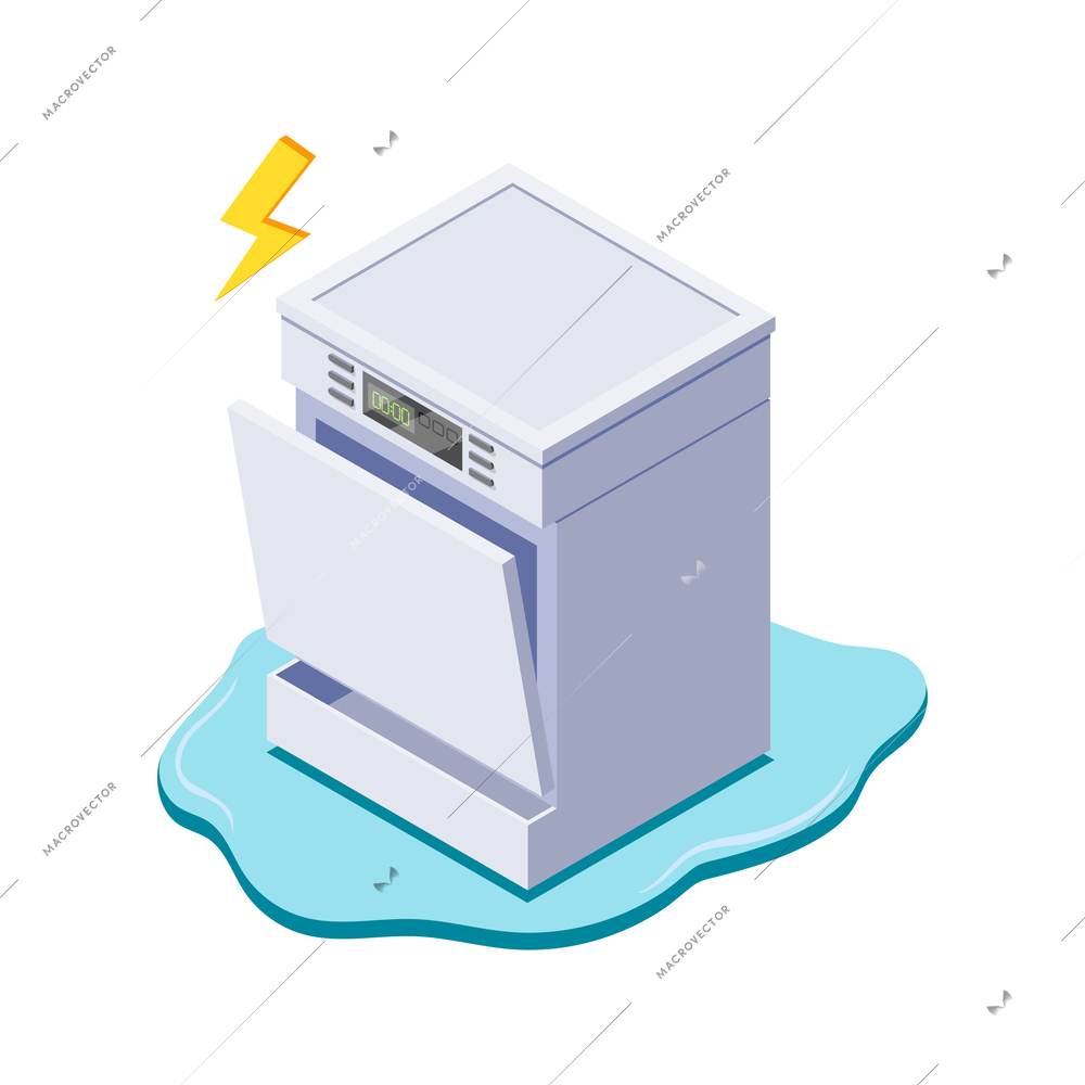 Isometric 3d broken leaking dishwasher on white background vector illustration