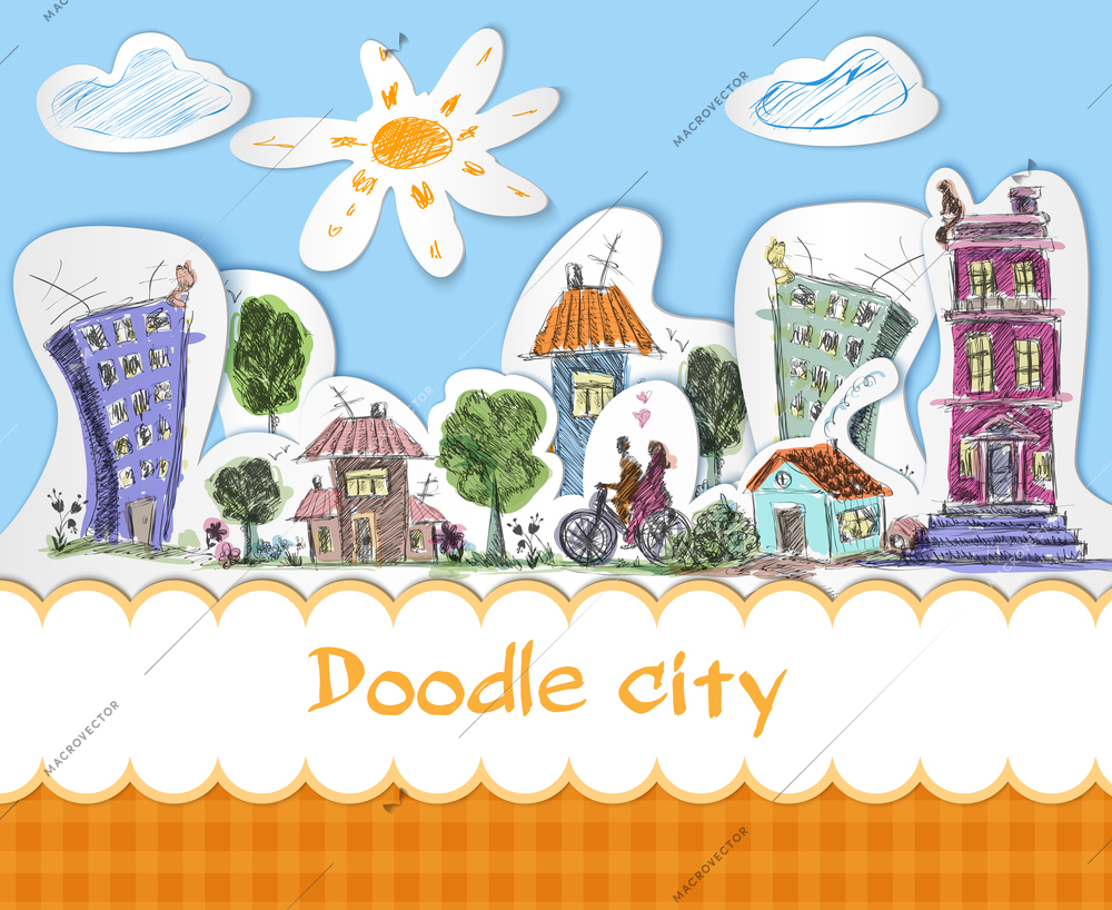 City colored doodle poster with modern and old urban buildings vector illustration