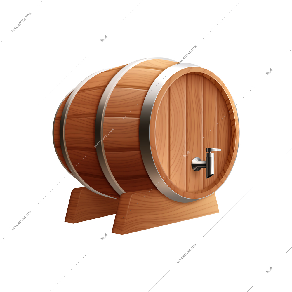 Realistic wooden barrel with metal crane on white background vector illustration