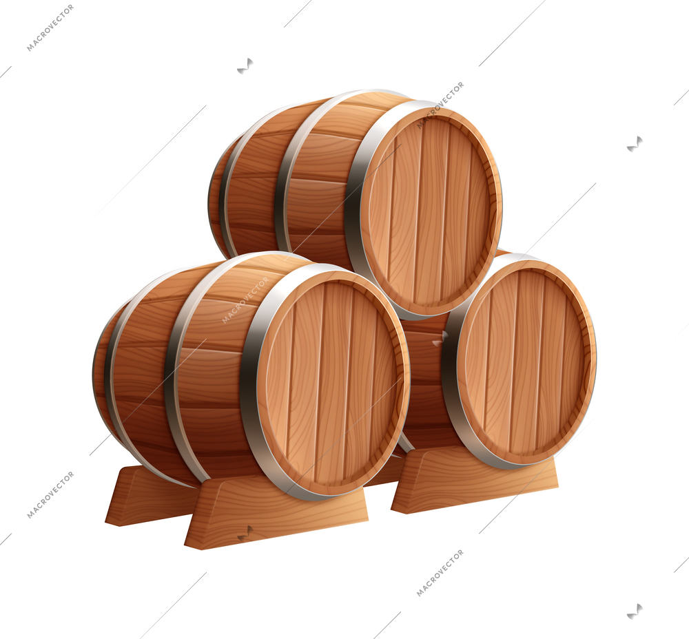 Realistic icon with three barrels made of wood on white background vector illustration