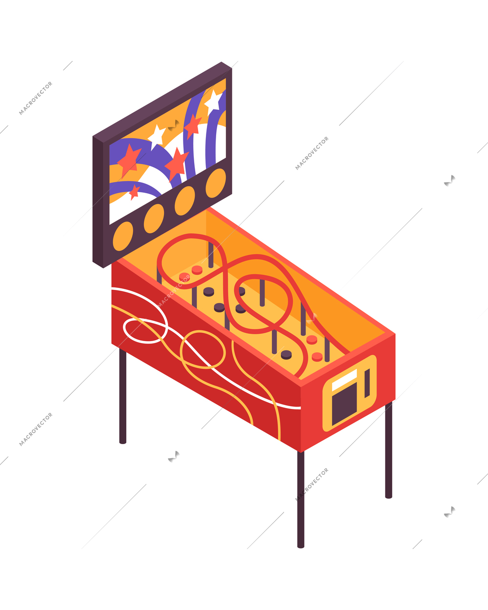 Isometric colorful retro pinball game machine on white background 3d vector illustration