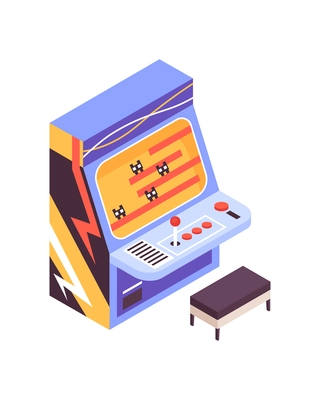 Isometric vintage game machine and seat on white background 3d vector illustration