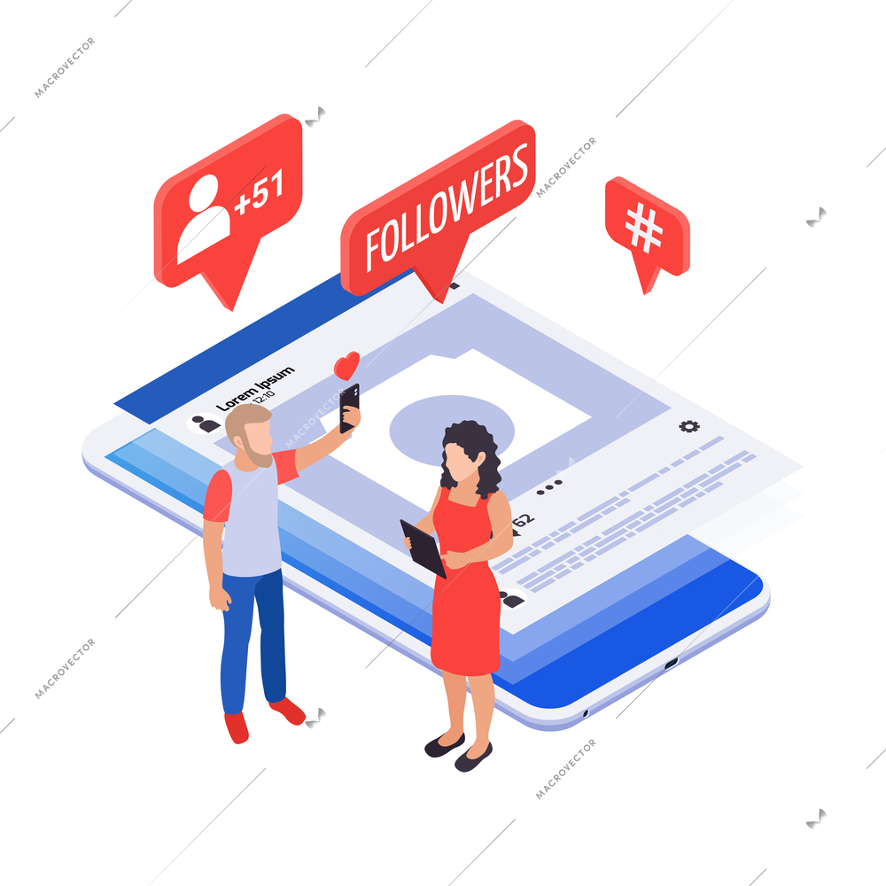 Social media isometric concept with notification icons smartphone and characters of followers vector illustration