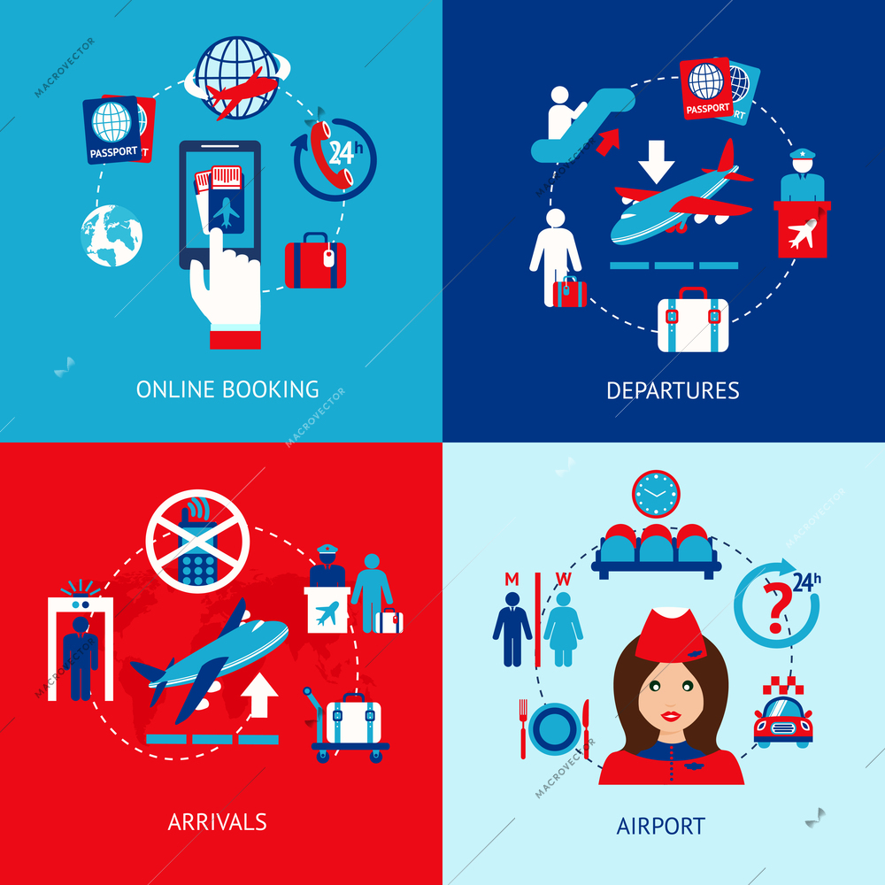 Airport online booking departures arrivals flat icons set isolated vector illustration