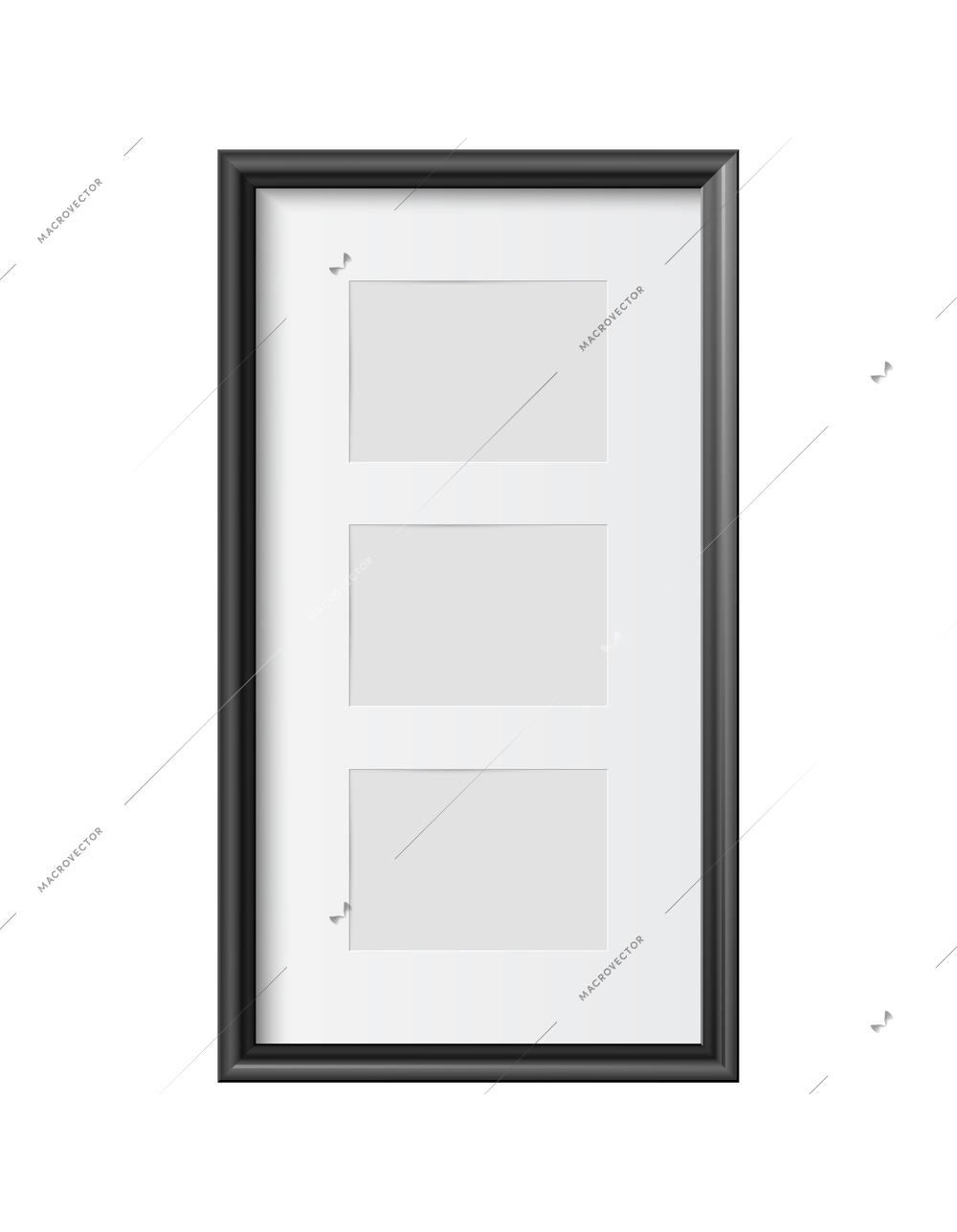 Vertical black blank wall frame for three small pictures on white background realistic vector illustration