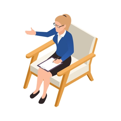 Woman psychotherapist talking to client and taking notes 3d isometric vector illustration