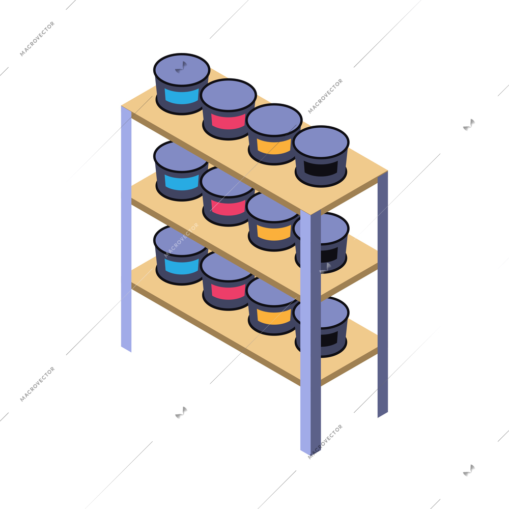 Colorful paints for printer on wooden rack isometric icon on white background vector illustration