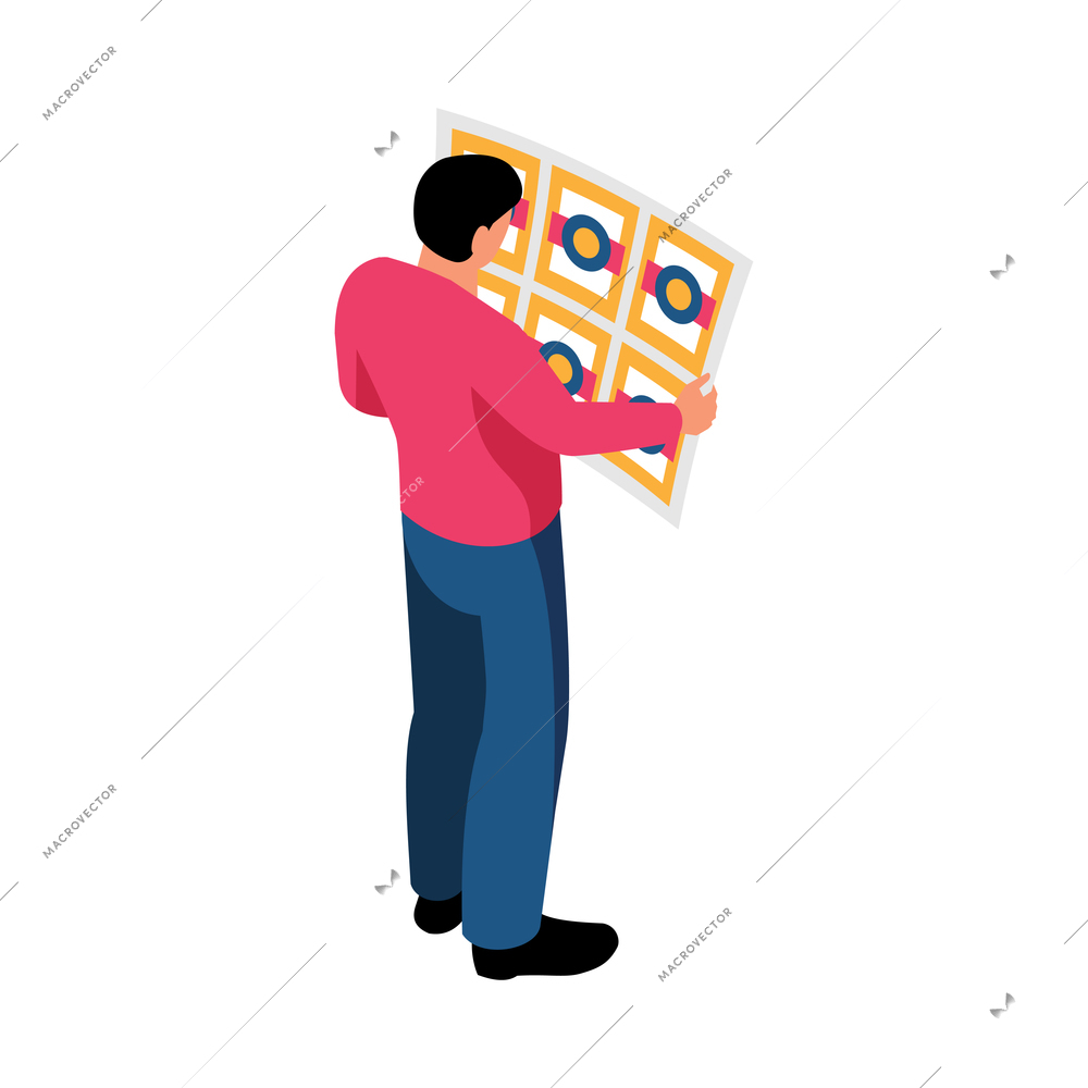 Polygraphy isometric icon with man looking at colorful printed page vector illustration