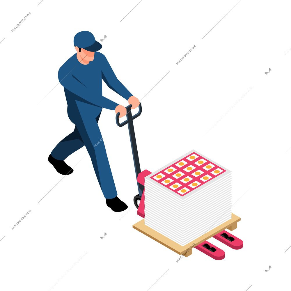 Polygraphy worker carrying printed papers on hand pallet truck isometric vector illustration