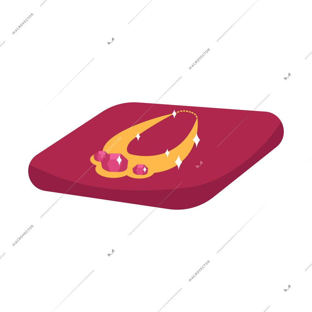 Expensive golden necklace on red velvet pillow flat icon vector illustration