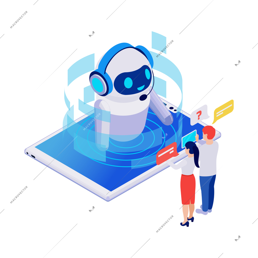 Isometric icon with smiling robotic chatbot on tablet talking to people 3d vector illustration