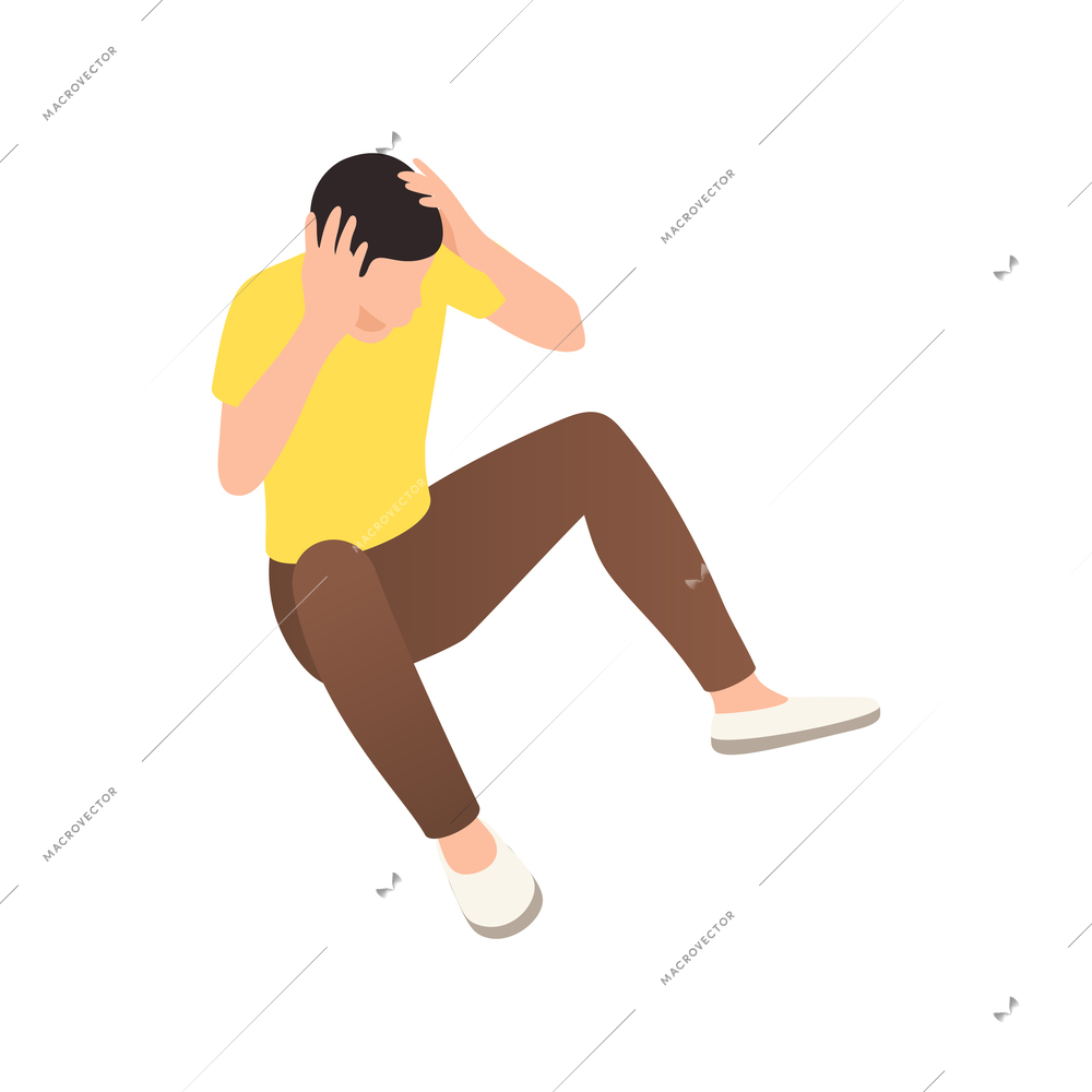 Isometric icon with frustrated man sitting on floor clutching his head 3d vector illustration