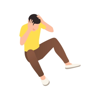 Isometric icon with frustrated man sitting on floor clutching his head 3d vector illustration