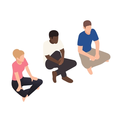 Psychology group therapy isometric icon with three human characters sitting on floor isolated vector illustration